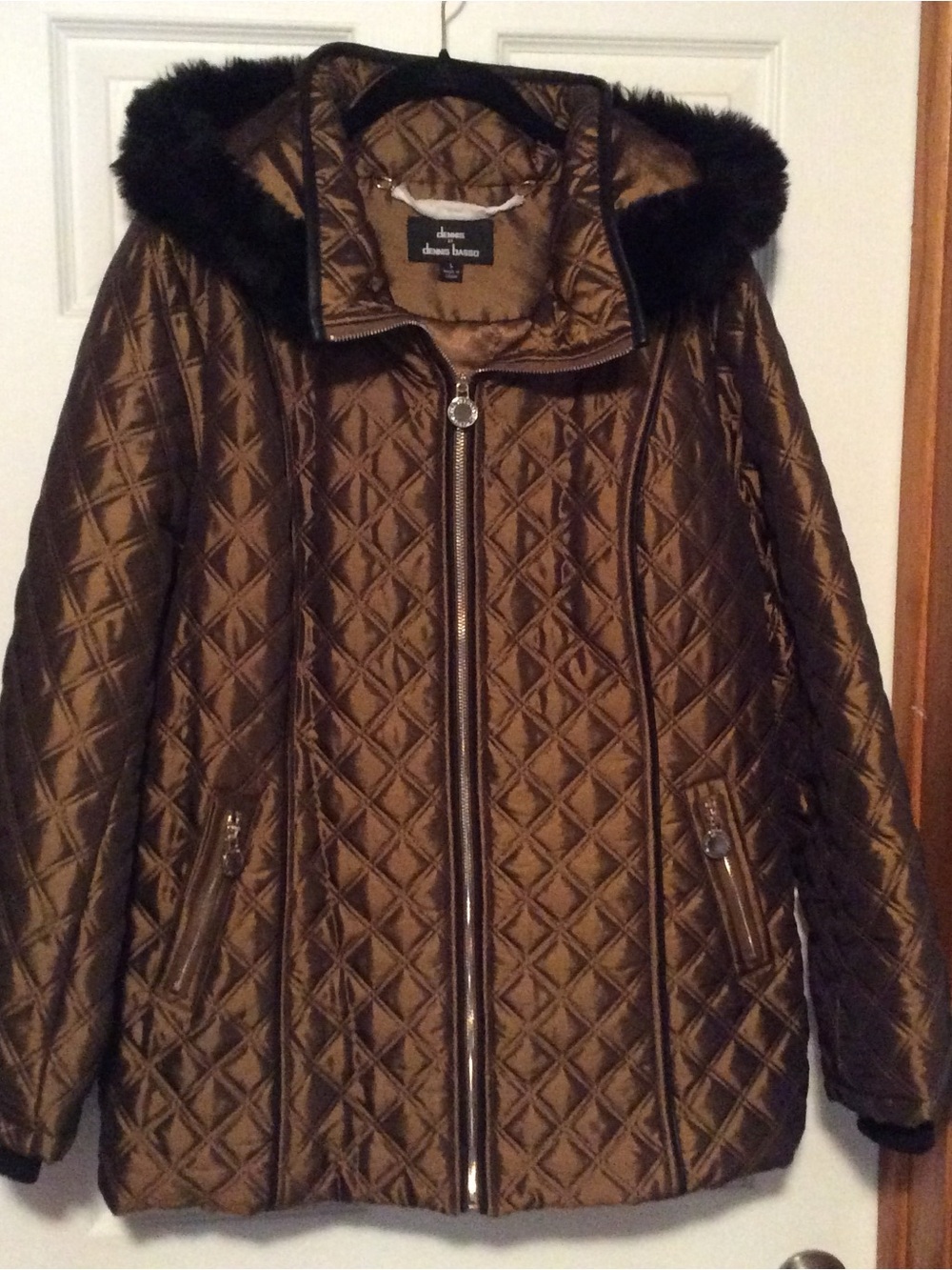 dennis basso Quilted Metallic Brown Hooded Puffer